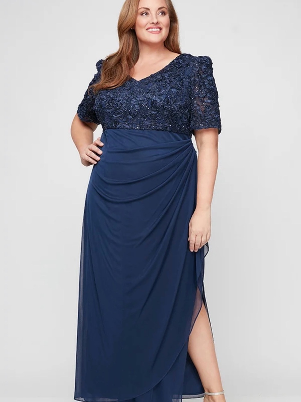 Alex Evenings Rebecca Soutache V Neck Navy Dress Woman’s  Plus Size 20W